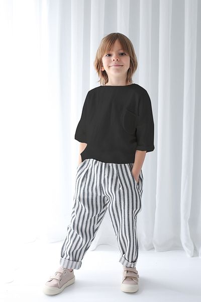 Catz Kids Boy's Black Striped Linen Trousers + Black Muslin Back Button Shirt