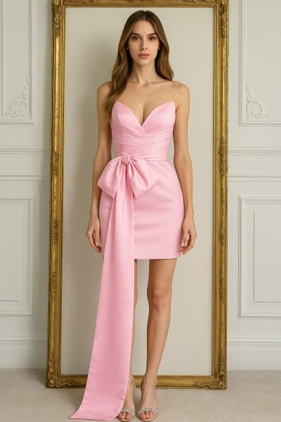 OPHIRA Short Pink Dress in Taffeta with Oversized Bow