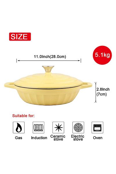 VAV GET Enameled Cast Iron Dutch Oven Shallow Casserole Braiser Pan, 28cm/11Inch – Yellow