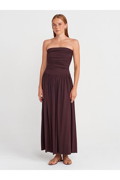 Dilvin 91496 Strapless Gathered Dress-Brown