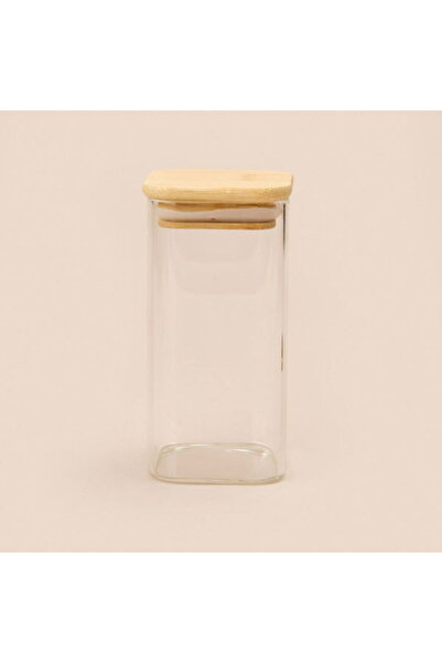 MİEN Mien Square Cork Lid Glass Jar - Transparent / Light Brown - 270 ml