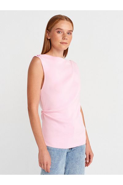 Dilvin 10778 Boat Neck Draped Slim Knitwear Blouse-Pink