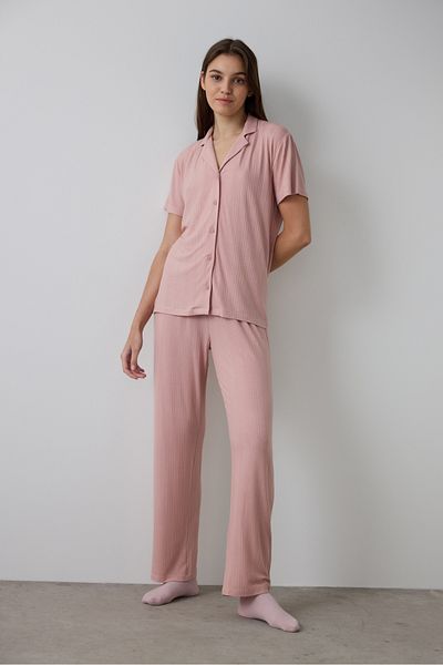 Penti Dusty Rose Emma Ribbed Shirt Collar Short Sleeve Pajama Set
