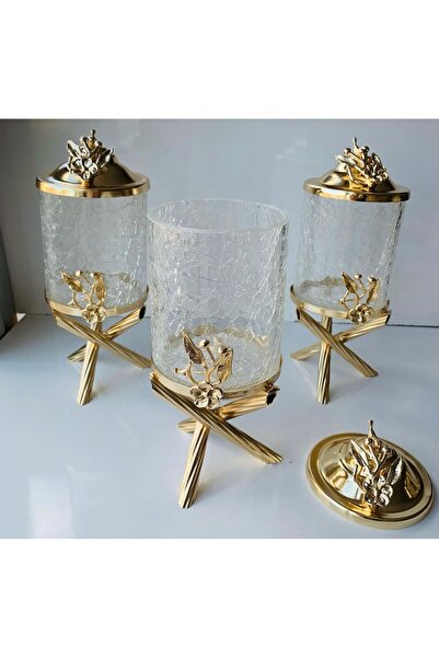 AZADE BAKIR GOLD PİRİNÇ JAPONGÜL ÇATLAK CAM KAVANOZ 3’LÜ SET