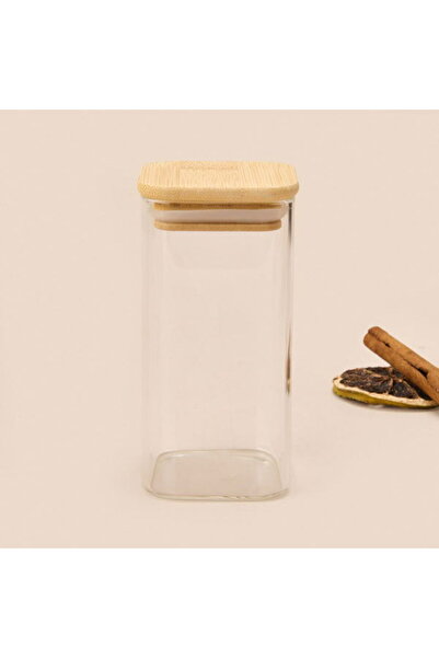 MİEN Mien Square Cork Lid Glass Jar - Transparent / Light Brown - 270 ml