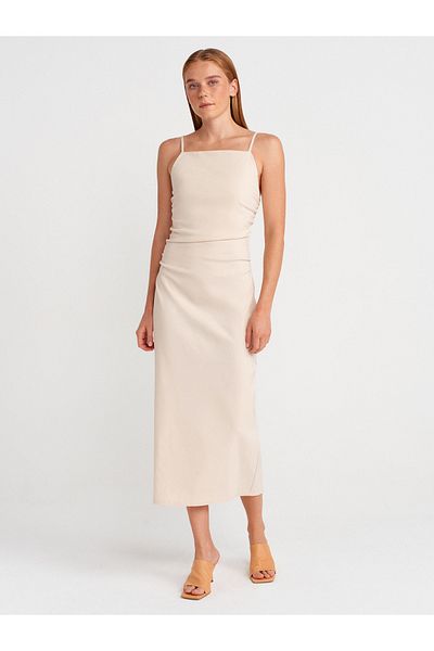 Dilvin 91479 Drawstring Midi Dress-Stone