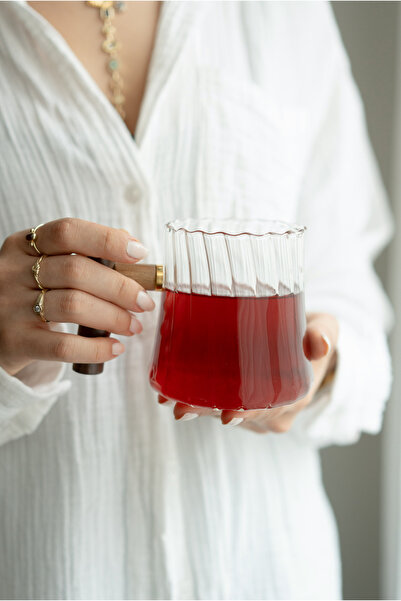 Dekorzdükkan 04 Acacia Handle Striped Model Glass Teapot (Borosilicate Glass)