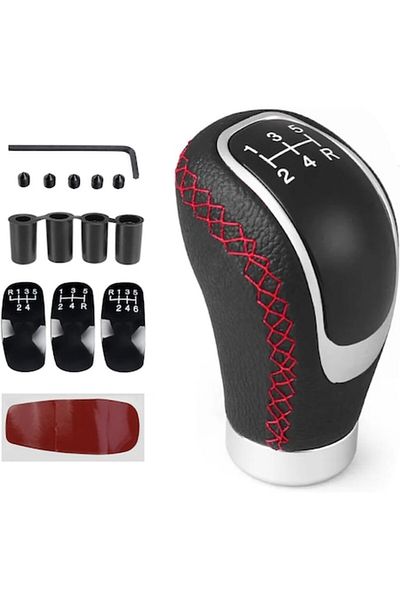 General Store Gear Shift Knob by General Store, -Leather, Set with 4 Adapters, Black/Red, Universal