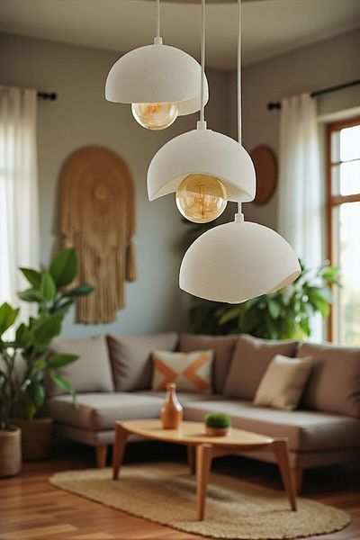 CESSTORE 3-Piece Pendant Lamp Concrete Look Decorative Chandelier, Minimal Nordic Bohemian Design, Daylight Bulb Included