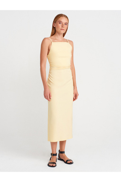 Dilvin 91479 Φόρεμα μίντι με κορδόνι-ανοιχτό κίτρινο