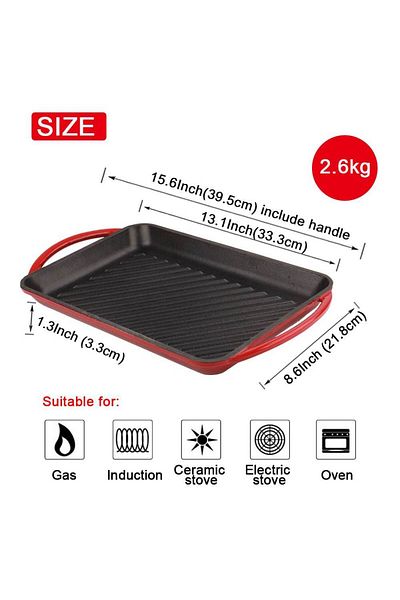 VAV GET Healthy and Safe, Non-Stick Cast Iron Dutch Oven Square Grill Pan – Red