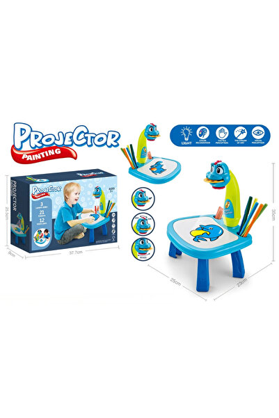 LUDIRO Πίνακας Σχεδιασμού με Προβολέα για Παιδιά, 3 Δίσκοι, 21 Εικόνες, 12 Χρωματιστοί Μαρκαδόροι, Μπλε Δεινόσαυρος