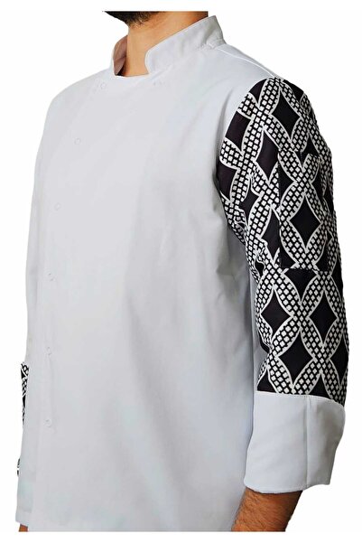 Ant Rotagrup Üniforma ve İş Elbiseleri Chef Jacket Patterned Unisex Snap Fastener Long Sleeve Chef Cook Kitchen Jacket Chain Motif Patterned