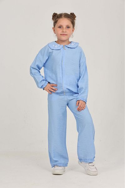 Toontoy Girl's Collar Embroidered Tracksuit Set