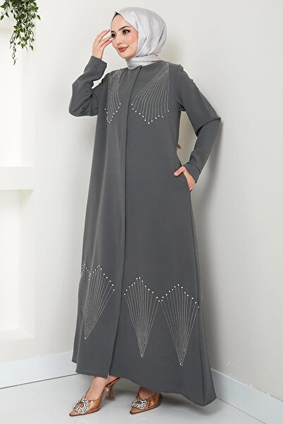 hafsamina Crystal Stone Embroidered Ferace Gray Hm2423