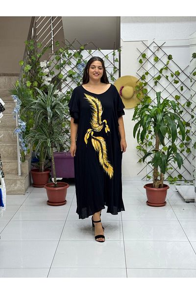 Punta Otantik Vl9636 Feather Printed Half Sleeve Voile Dress Black