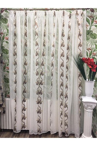 Liz Line Mechanically embroidered curtain, with drapery, various sizes, ivory/brown, "Flower garland" by LizLine RD119