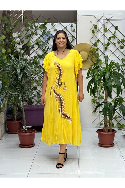 Punta Otantik Vl9636 Feather Printed Half Sleeve Voile Dress Yellow