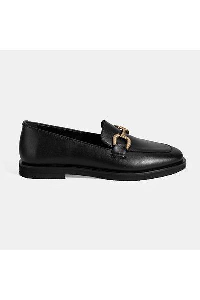 Desa Women's Black Leather Loafer with Metal Buckle Accessories