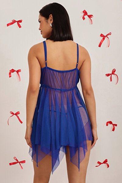 Clovia Chic Basic Sheer Babydoll with G-string in Royal Blue - Mesh