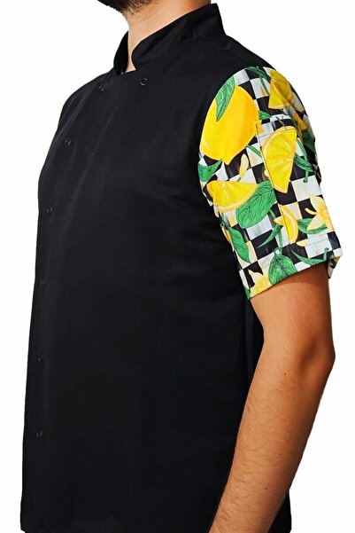 Ant Rotagrup Üniforma ve İş Elbiseleri Chef Jacket Patterned Unisex Snap Fastener Short Sleeve Summer Chef Cook Kitchen Jacket Lemon Pattern