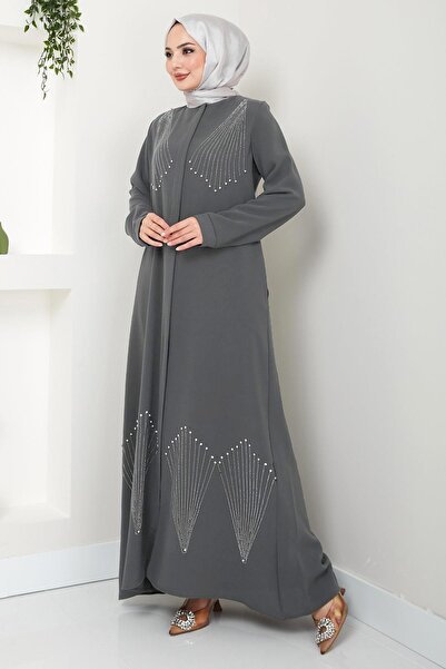 hafsamina Crystal Stone Embroidered Ferace Gray Hm2423