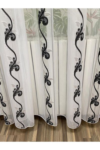 Liz Line Mechanically embroidered curtain, with rejansa, various sizes, white/black, "Flower garland" by LizLine RD176
