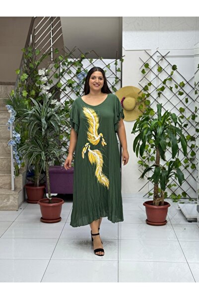 Punta Otantik Vl9636 Feather Printed Half Sleeve Voile Dress Khaki