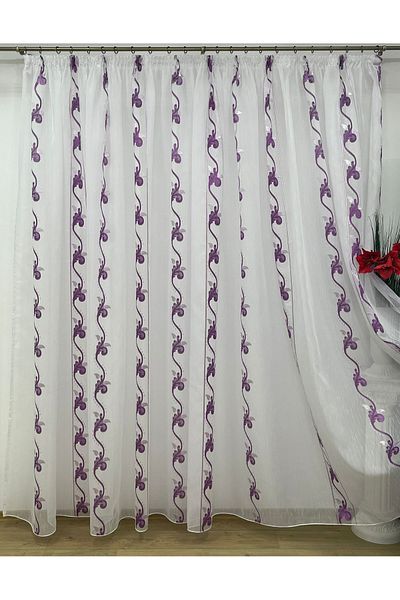 Liz Line Mechanically embroidered curtain, with rejansa, various sizes, white/purple, "Flower garland" by LizLine PD059