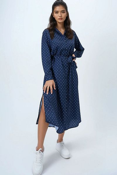 Trend Alaçatı Stili Women's Ocean Blue Polka Dot Pattern Woven Viscon Shirt Dress Alc-X6247-1