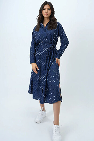 Trend Alaçatı Stili Rochie cămașă din viscoză țesută cu model cu buline albastru ocean pentru femei ALC-X6247-1