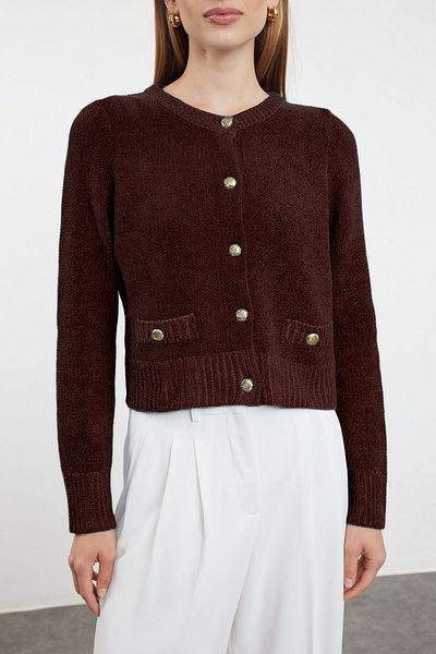 Trendyol Collection Brown Premium Thread/Special Thread Pocket Detailed Knitwear Cardigan Twoaw24Hi00051