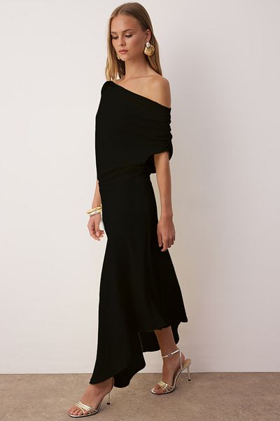 Trendyol Collection Black A-Line Boat Neck Woven Midi Stylish Dress Tprss25El00321