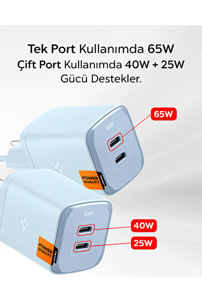 Spigen 65W USB-C 2 Port Mini Hızlı Şarj Aleti Samsung PPS 2.0/Isı Düşürücü GaN III Akım Korumalı - ACH05165