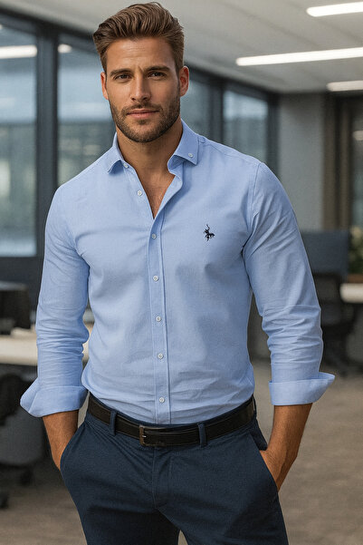 Trendyol Collection Πουκάμισο μπλε Oxford κανονικής εφαρμογής με λεπτομέρεια κεντήματος, εύκολο στο σιδέρωμα, smart, TMNAW25GO00036