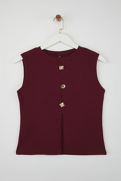 Trendyol Curve Burgundy Accessory Button Crew Neck Regular Size Vest Knitted Blouse Tbbss25Af00121