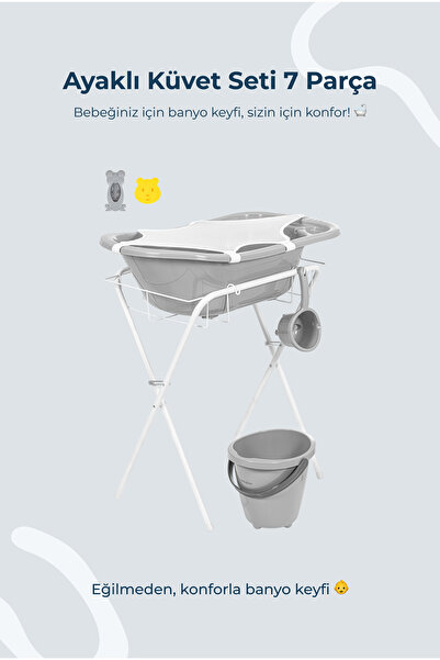 Babyjem Ayaklı Küvet Seti 7 Parça Soft Gri