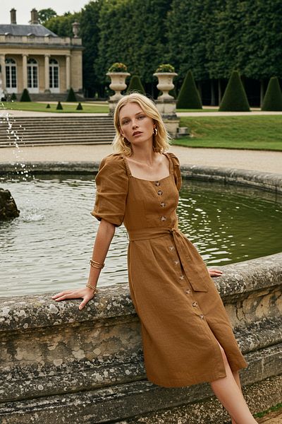 Trendyol Collection Camel Belted Midi Buttoned Square Collar Woven Linen Look Dress TWOSS19IE0009