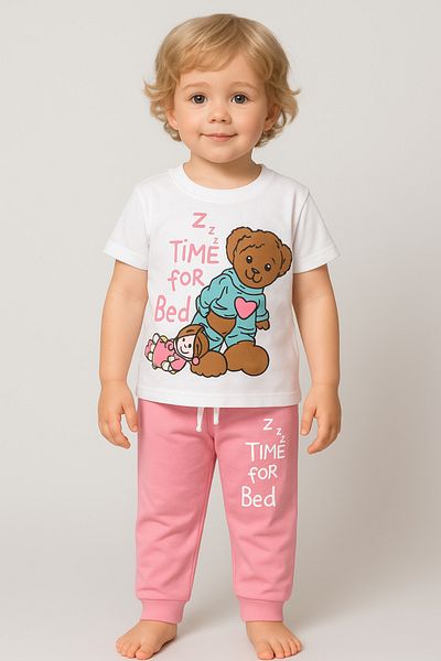 Katia&Bony Girl's Sleepy Teddy Bear Patterned Short Sleeve Pajama Set