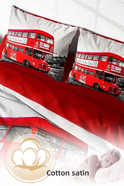 PerlaSera Design personalizat 3D - Set de lenjerie de pat dublu, satin de bumbac țesut dens, autobuz din Londra