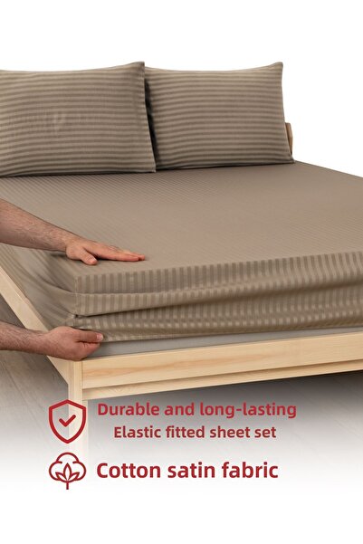 MODELHOME Σετ σεντόνια σε χρώμα Milk Coffee, Διπλό Βαμβακερό Ριγέ Σατέν