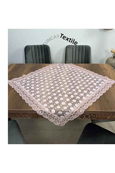 TUNCAY TEKSTİL Daisy Pattern Laced Polyester Square Fiskos Coffee Table Tablecloth French Guipure Model Cloth Powder Pink