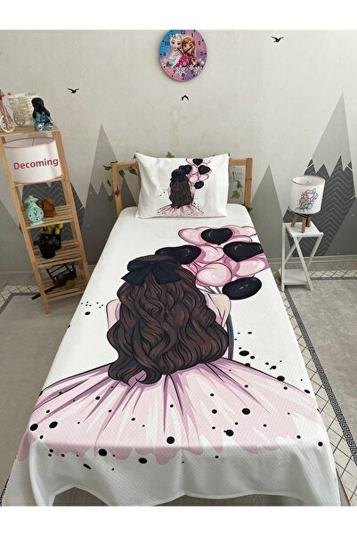 dekomingo Pink Balloon Back Turning Baby Girl and Child Base Pique Set