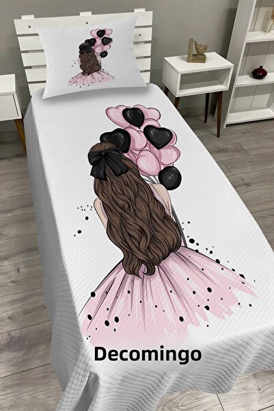 dekomingo Pink Balloon Back Turning Baby Girl and Child Base Pique Set