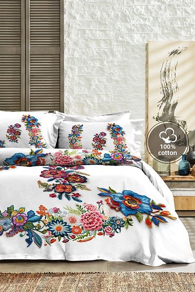 MonoHome 100% Cotton Ranforce Dowry Luxury 5D Digital Double Duvet Cover Set Embroidery