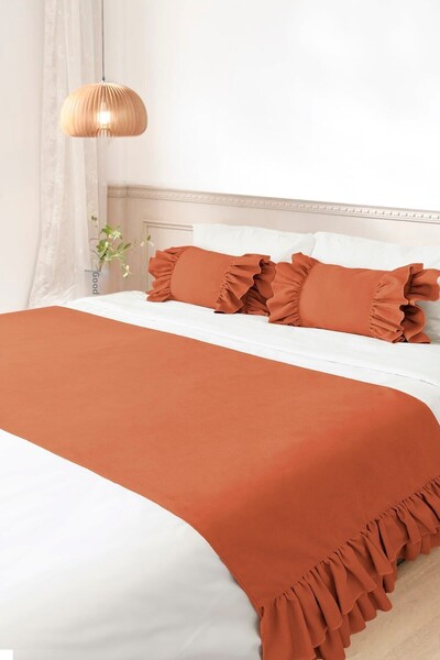 RİTMOHOME Bed Runner & Inner Filled Throw Pillow Set Double Size Frilly Cinnamon, Tile, Dowry, Bed Cover