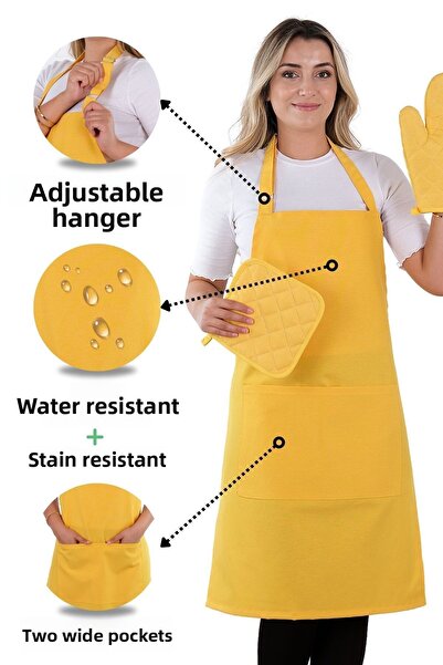 sevilya طقم مريلة مطبخ بسيط مكون من 3 قطع مع شماعة قابلة للتعديل (قفاز، مقبض)