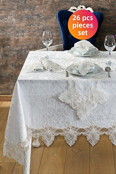 Evlen Home Collection طقم مفرش طاولة مخملي فاخر 26 قطعة بيترانا كريمي مزين بالدانتيل