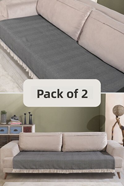 Miracolo Home طقم مفرش أريكة قطن أسود مكون من قطعتين - مقاس 115x200، نمط مخطط أمامي مهدب