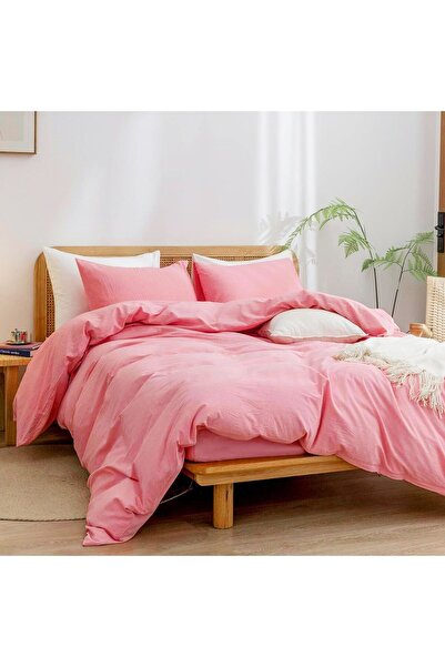 CAQQA Σετ Παπλωματοθήκη από Βαμβακερό Ελαστικό Μονό Σεντόνι Candy Pink